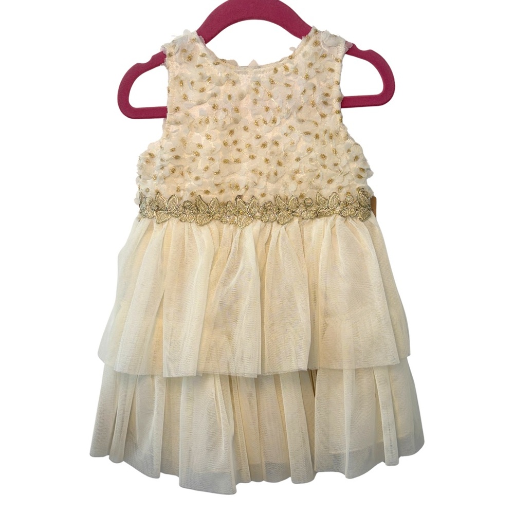NWT Nanette Lepore Cream & Gold Floral Embroidered Tiered Tulle Dress 18 months